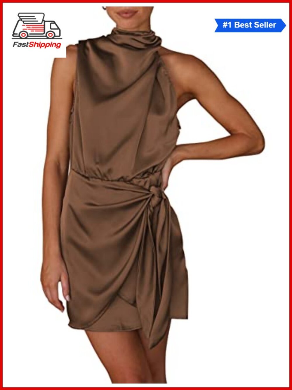 ✨PRETTYGARDEN Satin Sleeveless Mock Neck Tie Waist Mini Dress